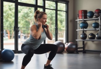 A person squats in a gym setting, with a focused expression. The background includes gym equipment such as weights and various gear. The person is holding a bottle of sparkling water and wearing a gray long-sleeve shirt and athletic shoes. The wall is painted dark teal, and gym equipment like weight plates are visible.