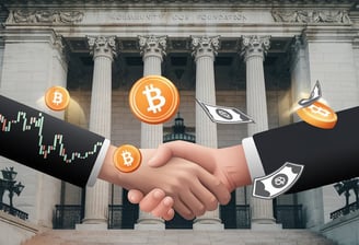 two hands shaking hands with bitcoin and bitcoin symbols