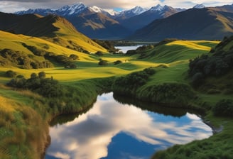 A New Zealand flag waves prominently against a serene backdrop of a vast, blue body of water. The sky above mirrors the water’s tranquil shades, creating a harmonious scene. A distant piece of land peeks from the top right corner, adding depth to the image.