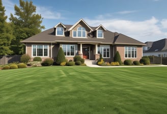 A lush garden landscape filled with vibrant greenery and a variety of trees and bushes. Tall evergreen trees stand prominently in the background, surrounded by shrubs and plants with varying shades of green and red foliage. The well-maintained lawn in the foreground is bright and evenly cut, creating a serene and inviting outdoor space.