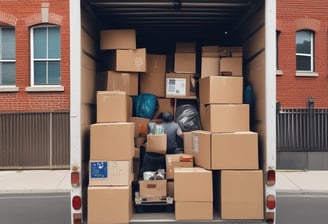 A moving truck with company branding is parked next to an open shipping container on a trailer. Two people are handling items near the container, while a car is parked in the background. The sky is overcast, and the ground appears to be asphalt.