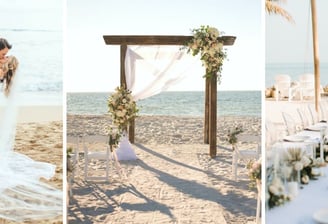 a couple of people standing in front of a beach