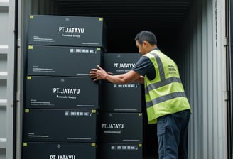 Loading coconut charcoal briquettes into container – PT Jatayu Renewable Energy