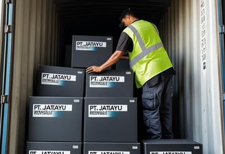 Loading coconut charcoal briquettes into container – PT Jatayu Renewable Energy