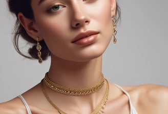 An arrangement of several pieces of metal jewelry, including hoop earrings and a ring, laid out on a white collared shirt with button and ruffle details.