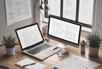 A wooden desk features a laptop displaying an email marketing webpage. On the desk are envelopes, one open with a blue inner lining, and two visible notes with the phrase 'Email Marketing.' There is also a small potted plant with green leaves and a yellow tape labeled 'Saturday Delivery.'