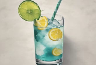 A turquoise and green energy drink can labeled 'Positive Energy' stands on a white platform. It is surrounded by fresh coconut halves and lime slices, with tropical palm leaves adding to the vibrant, tropical theme. A small green and white paper umbrella is placed inside a coconut half, enhancing the tropical atmosphere.