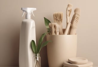 A collection of eco-friendly cleaning products and personal care items laid out on a flat surface. The composition includes bottles of cleaning sprays with silver metallic finishes, glass bottles of essential oils, wooden toothbrushes, a rectangular bar of natural soap, and various cleaning brushes with wooden handles. The arrangement is visually appealing, with shadows adding depth and texture.