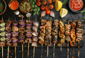 Assorted grilled skewers featuring various meats, onions, and flavourfu seasonings at Taouk Watford,