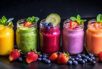 a variety of smoothie drinks in a row