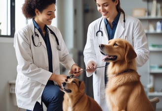  veterinarian speaking with dog owner at her clinic