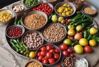 A variety of food items are arranged in a rustic setting. There are sacks of grains, trays of chopped tomatoes, green chilies, lemons, and a pile of roasted chickpeas. The items are resting on a makeshift table covered with a light cloth, with metal bowls and a woven basket visible.