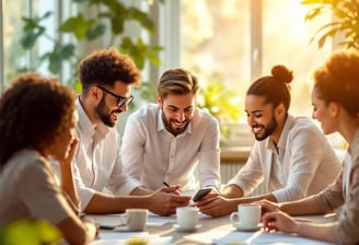 a group of people sitting around a table with a phone