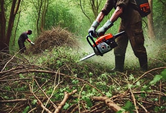 Un jardinier utilisant une débroussailleuse pour nettoyer un terrain boisé envahi