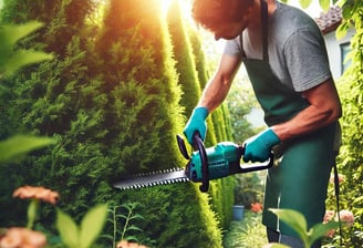 Un jardinier utilisant un taille-haie électrique pour donner forme à une haie dense dans un jardin