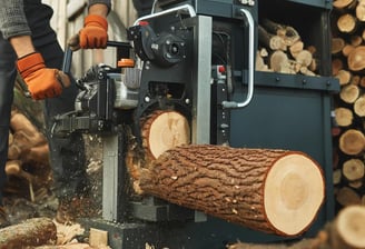 Un travailleur fendant des bûches avec une machine à bois pour les transformer en bois de chauffage,