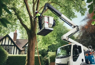 Un arboriste dans un camion nacelle, taillant des branches en hauteur, avec l'équipement de sécurité