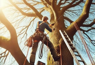 Un élagueur professionnel en train de tailler les branches d’un grand arbre à l’aide de cordes