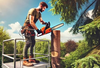 Un arboriste sur une plateforme en hauteur, utilisant une tronçonneuse pour réduire l'arbre