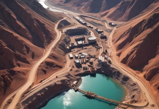 A large open-pit mine with a yellow excavator positioned at the center, surrounded by layered rock formations exhibiting varied shades of brown and gray. The broad expanse of the mining area showcases distinct strata and erosion patterns carved into the earth.
