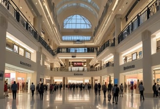 A richly decorated interior featuring intricate architectural details and ornate patterns on the walls and ceiling. The space is lined with glass partitions, allowing natural light to filter through large arched windows at the far end. The design features geometric and floral motifs with a warm, earthy color palette.
