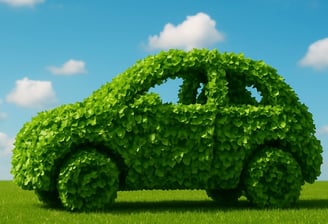 a Green car made out of leaves and leaves