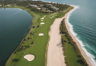 An aerial view of a golf course featuring a green landscape with multiple sand traps and a paved pathway. Trees with bare branches are scattered throughout the area, indicating the season might be winter or early spring. The scene is serene and well-maintained, typical of a professional golf course.