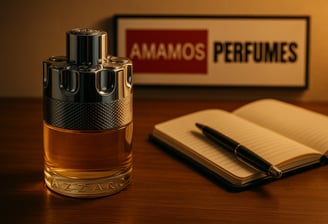 Imagem realista de um perfume Azzaro sobre a mesa à noite, com iluminação suave.