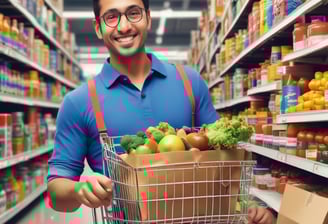 A 3D illustration featuring a series of shopping-related elements such as a shopping basket, a target, a lightbulb, a paper bag, and various charts or graphs. These objects are positioned on a dark green stepped platform, suggesting elements of business and marketing.