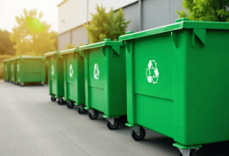 a row of green bins with recycling bins