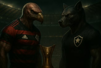 Mascotes humanoides de Flamengo e Botafogo se encaram em frente à arquibancada do Maracanã