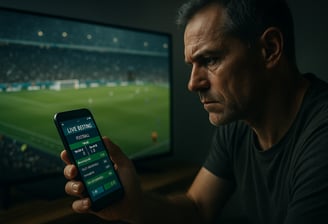 Homem observa atentamente um jogo de futebol na TV enquanto segura um celular.