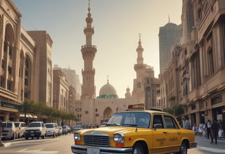 A yellow taxi is seen in traffic with a blue and yellow vehicle in front of it. The taxi has a registration plate and religious stickers on the rear window. There is text in a regional script on the back of the taxi.