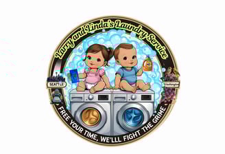 a coin - shaped coin with a baby and a baby the logo for Larry & Linda's Laundry Service