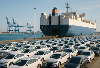 a large ship ship in the water with cars parked in front of it