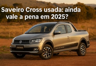 Volkswagen Saveiro Cross em ambiente de aventura, com placa personalizada “VWCROSS” e luz natural.