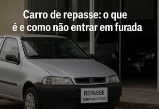 Carro de repasse estacionado com placa “venda no estado” em frente a loja de usados.