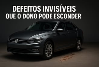 Carro sedã escuro com aparência impecável do lado esquerdo e defeitos visíveis no lado direito, como