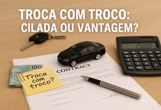 Imagem realista de uma mesa de madeira clara com itens relacionados à negociação de veículos. Sobre 