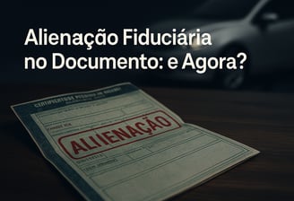 Alt da imagem: Documento CRLV aberto sobre uma mesa de madeira, com carimbo vermelho escrito “ALIENA