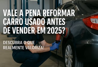 Mecânico realizando polimento na lataria de um carro usado em oficina, com destaque para o texto “Va