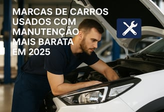 Mecânico realizando manutenção no motor de um carro branco em oficina iluminada, com o texto "Marcas