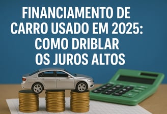 "Imagem de capa com miniatura de carro prateado sobre pilhas de moedas douradas, ao lado de uma calc