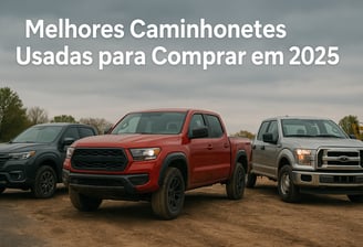 Três caminhonetes usadas lado a lado em um terreno de terra batida, representando os estilos urbano,