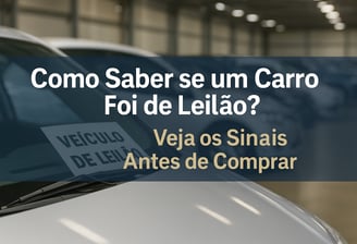 Foto de um carro com uma placa no para-brisa escrito “VEÍCULO DE LEILÃO”, em um galpão com outros ca