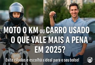 Imagem comparativa com o tema “Moto 0 km ou Carro Usado? O Que Vale Mais a Pena em 2025?”. À esquerd