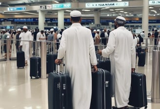 A group of travelers stand at an airport check-in counter, with visible signage for Singapore Airlines. They are waiting with their luggage, which includes suitcases and travel bags. One person is carrying a neck pillow, and another has a red trolley containing a QR code for payment. The area is well-lit, with check-in screens and information displayed overhead.