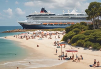cruise ship docked on island with people having fun on the beach