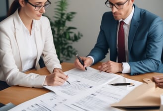 A professional consultation setting with a medical professional sitting at a desk facing a client. The room has a modern aesthetic with white walls decorated with framed certificates. The desk is organized with office supplies, a laptop, and a fruit bowl in the center.