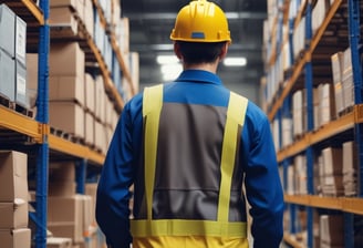 A delivery person wearing a black and yellow uniform is walking with a parcel in hand. The scene appears to be in an urban area, near a building entrance, with a parked vehicle visible in the foreground. The environment looks subdued and industrial, with concrete surfaces and muted tones.